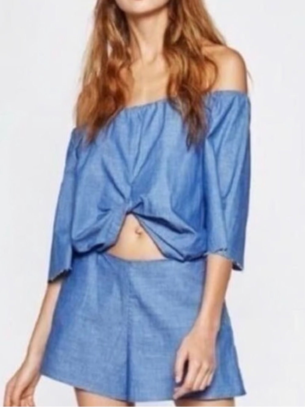 Zara Blue Denim Off-Shoulder Short Romper